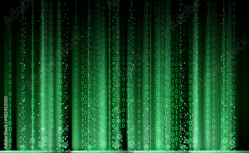 Technology Binary abstract background, matrix style, green color, falling numbers. Digital binary data flow dust on screen. Programming concept, secure data, hacking, piracy, technology, internet