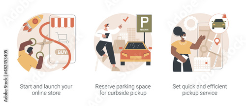 Online store pickup service abstract concept vector illustration set. Reserve parking space, curbside pickup, small business amid pandemic, grocery and essentials, employee safety abstract metaphor.