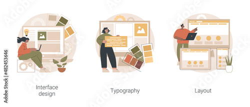 UI design abstract concept vector illustration set. Interface design, typography and layout, visual element, website and application, responsive webpage, usability test, browser abstract metaphor.
