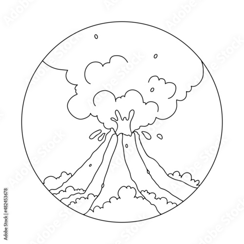 Volcano erupting. Cartoon Style Contour Vector Illustration volcano eruption with hot lava and smoke. For Coloring book