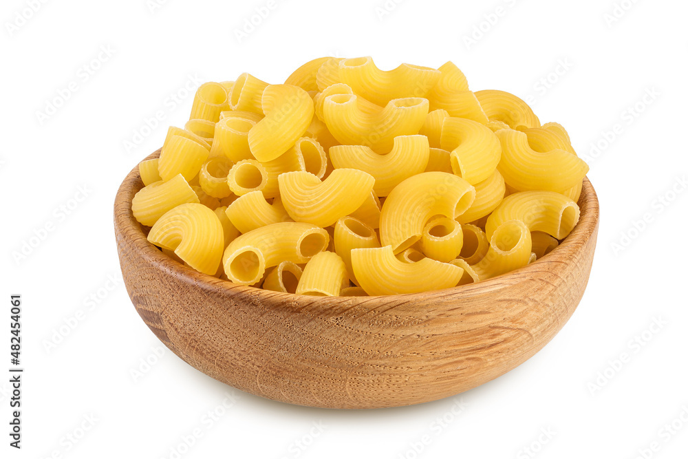 raw macaroni pasta in wooden bowl isolated on white background with clipping path and full depth of field