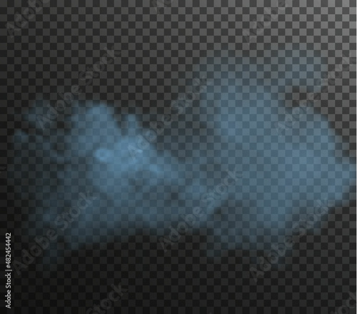 Vector isolated smoke PNG. Blue smoke texture on a transparent black background. Special effect of steam, smoke, fog, clouds. 