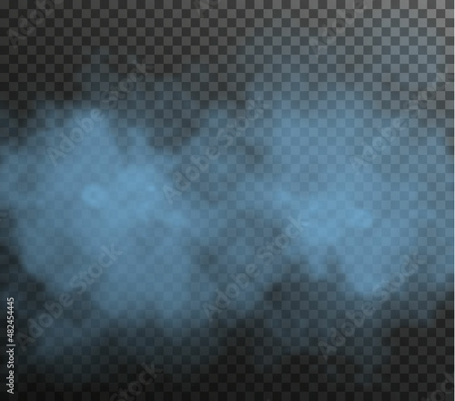 Vector isolated smoke PNG. Blue smoke texture on a transparent black background. Special effect of steam, smoke, fog, clouds.	
