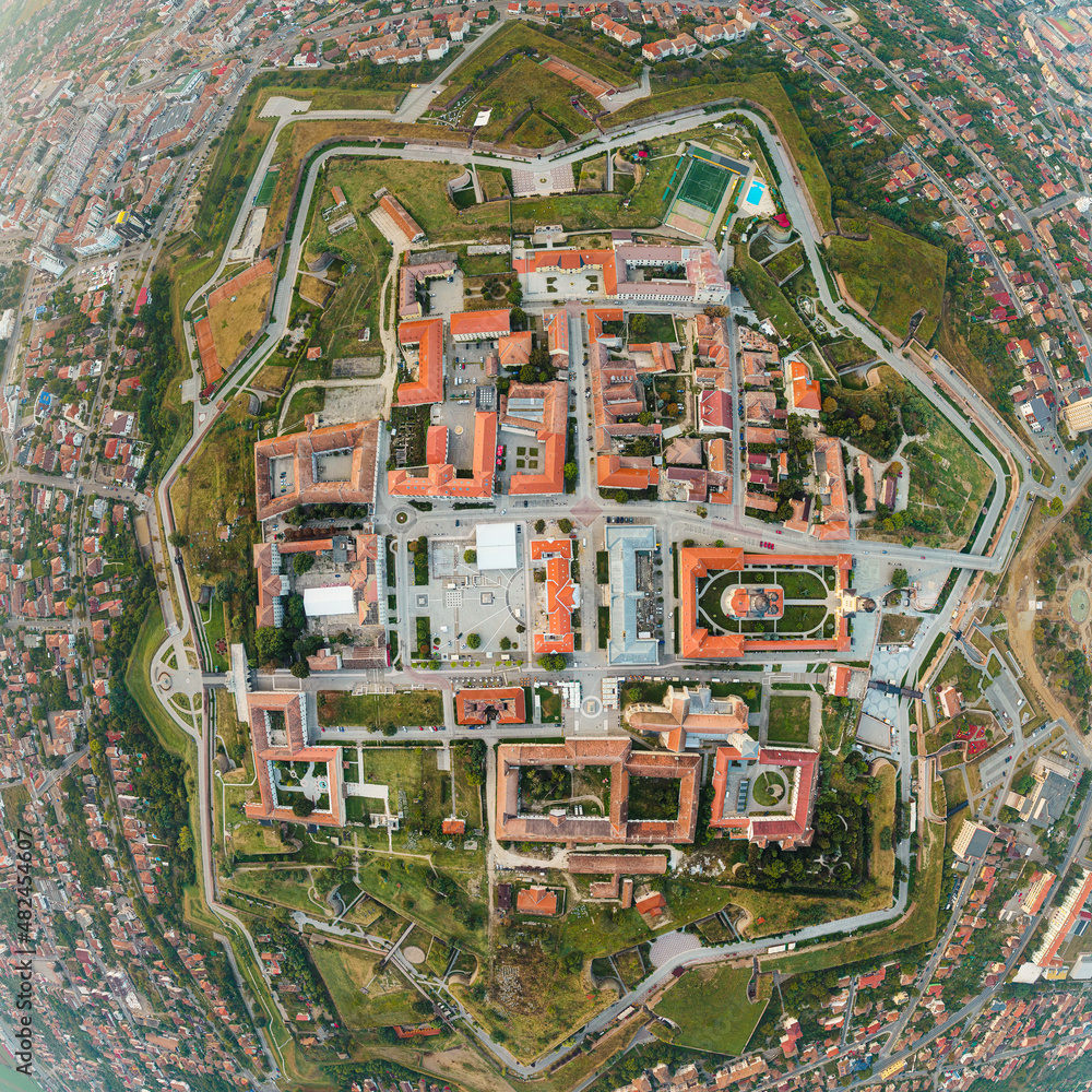 Aerial view of Alba Iulia city and fortress from Transylvania during autumn sunrise