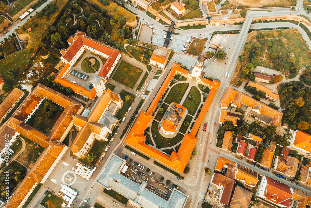 Aerial view of Alba Iulia city and fortress from Transylvania during autumn sunrise