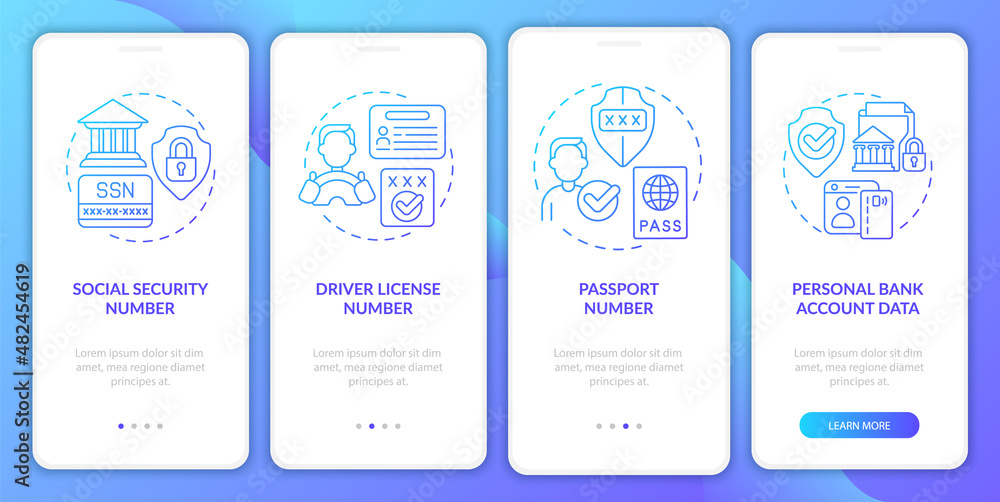 Highly sensitive data blue gradient onboarding mobile app screen. Walkthrough 4 steps graphic instructions pages with linear concepts. UI, UX, GUI template. Myriad Pro-Bold, Regular fonts used Highly sensitive data blue gradient onboarding mobile app screen. Walkthrough 4 steps graphic instructions pages with linear concepts. UI, UX, GUI template. Myriad Pro-Bold, Regular fonts used
