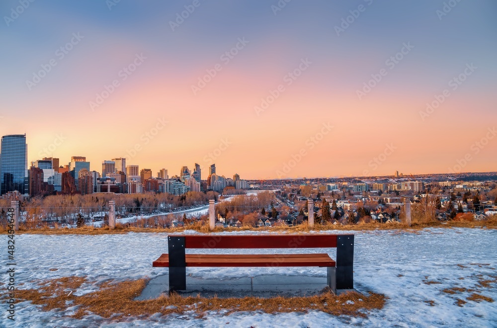 Bench Overlooking Calgary At Sunrise