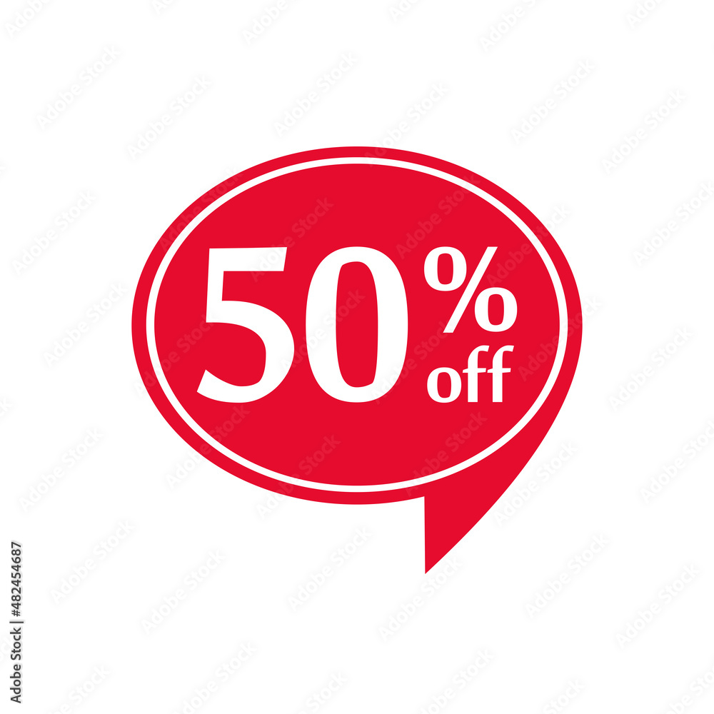 The sticker is red with the image of a speech bubble, a sale sign with a 50 discount. The sticker is red with the image of a speech bubble, a sale sign with a 50 discount.