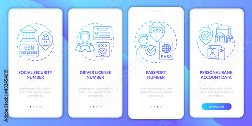 Highly sensitive data blue gradient onboarding mobile app screen. Walkthrough 4 steps graphic instructions pages with linear concepts. UI, UX, GUI template. Myriad Pro-Bold, Regular fonts used