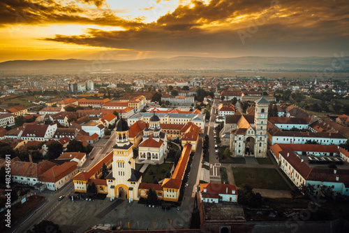 Aerial view of Alba Iulia city and fortress from Transylvania during autumn sunrise photo