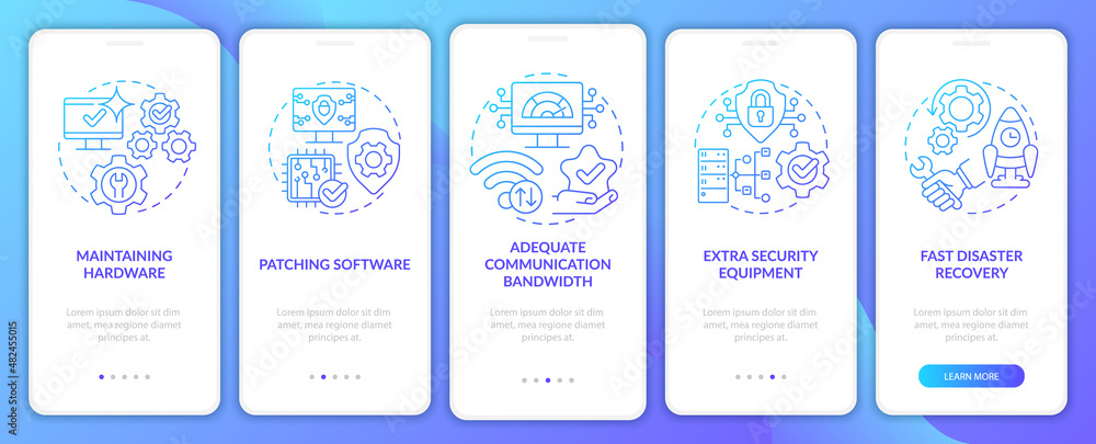 Availability blue gradient onboarding mobile app screen. System safety walkthrough 5 steps graphic instructions pages with linear concepts. UI, UX, GUI template. Myriad Pro-Bold, Regular fonts used