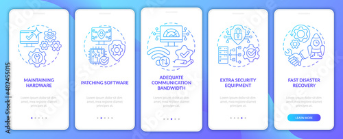 Availability blue gradient onboarding mobile app screen. System safety walkthrough 5 steps graphic instructions pages with linear concepts. UI, UX, GUI template. Myriad Pro-Bold, Regular fonts used