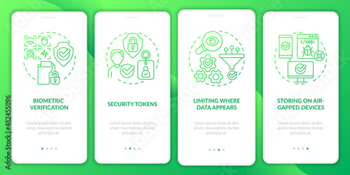 Privacy countermeasures green gradient onboarding mobile app screen. Walkthrough 4 steps graphic instructions pages with linear concepts. UI, UX, GUI template. Myriad Pro-Bold, Regular fonts used