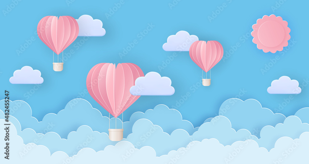 Pink beautiful hot air balloons flying in the sky with clouds and sun. Greeting card, background, banner in paper cut style.