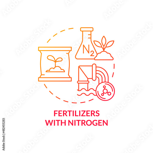 Fertilizers with nitrogen red gradient concept icon. Climate change abstract idea thin line illustration. Isolated outline drawing. Editable stroke. Roboto-Medium, Myriad Pro-Bold fonts used