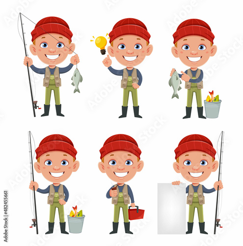 Fisherman, set of six poses. Cheerful fisher