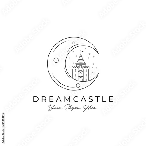 Dream Castle line art logo vector illustration design, castle on the moon logo