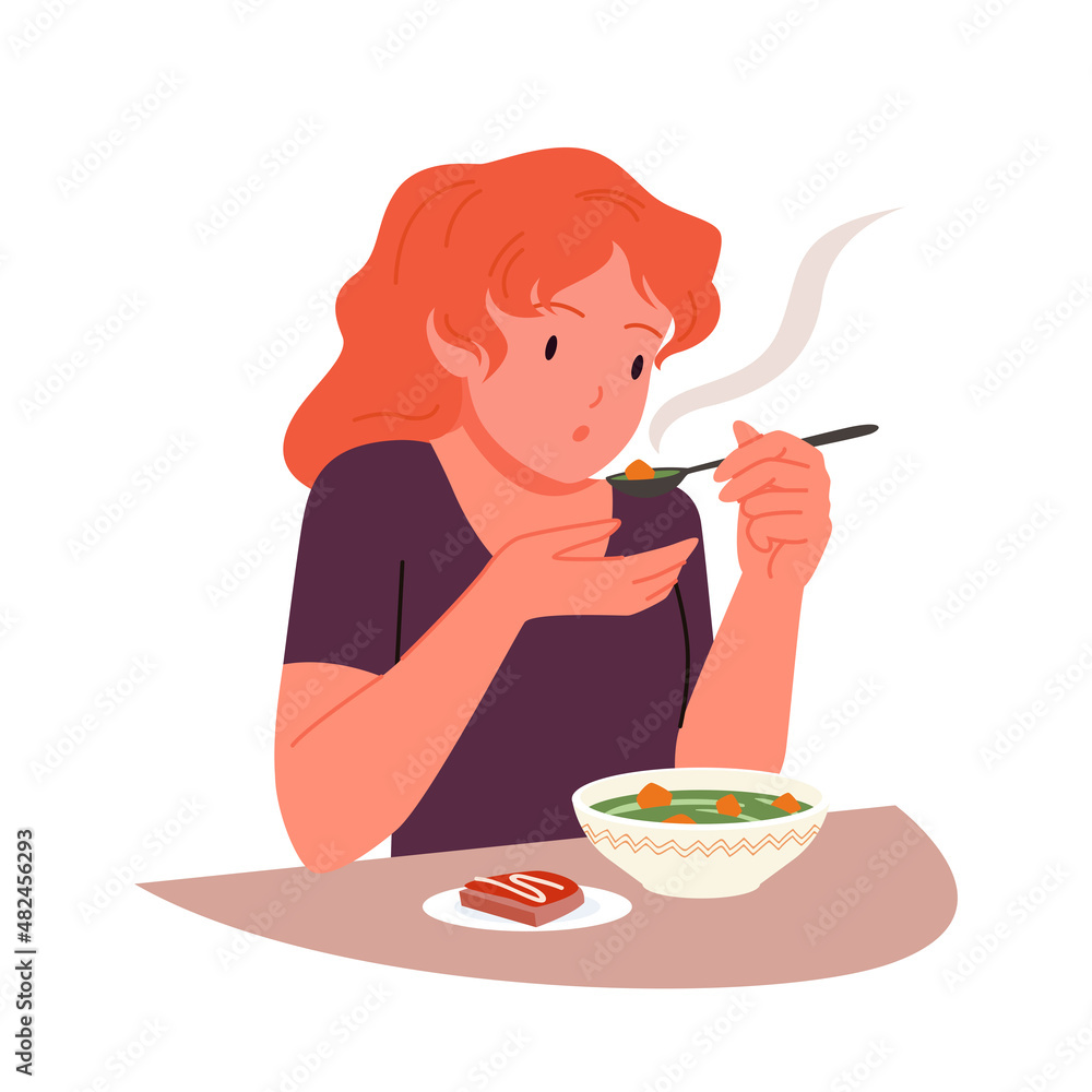 Hungry girl eating hot soup with spoon vector illustration. Cartoon person  sitting at table with soup