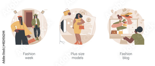 Fashion industry abstract concept vector illustration set. Fashion week, plus size models, social media blog, apparel brand, clothes designer, advertising campaign, style expert abstract metaphor.