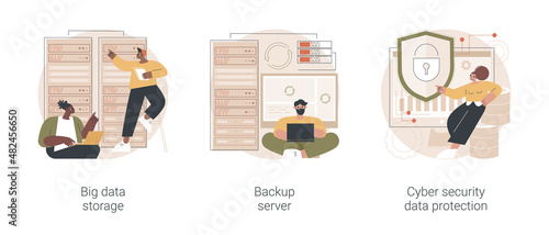 Data backup software abstract concept vector illustration set. Big data storage, backup server, cyber security data protection, remote server, protection from cyberattack abstract metaphor.