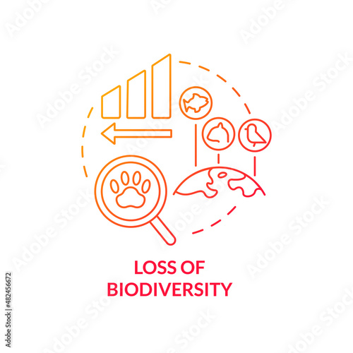 Loss of biodiversity red gradient concept icon. Climate change impact abstract idea thin line illustration. Isolated outline drawing. Editable stroke. Roboto-Medium, Myriad Pro-Bold fonts used