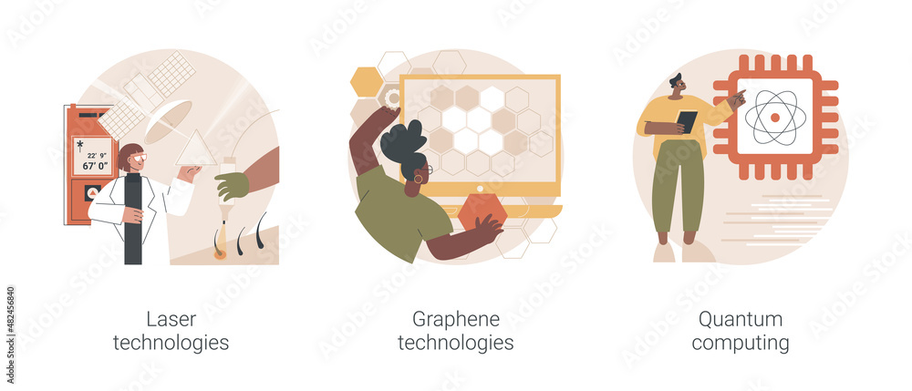 Innovative science abstract concept vector illustration set. Laser and graphene technologies, quantum computing, computer science, carbon dioxide nanomaterial, supercomputer abstract metaphor.