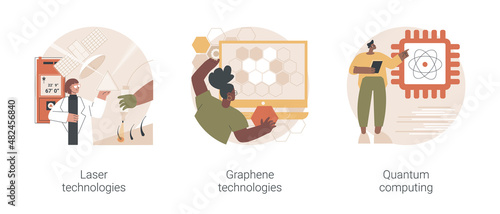 Innovative science abstract concept vector illustration set. Laser and graphene technologies, quantum computing, computer science, carbon dioxide nanomaterial, supercomputer abstract metaphor.