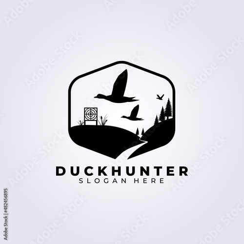 Duck hunt logo vector template illustration design, duck hunter vintage logo , pine tree logo