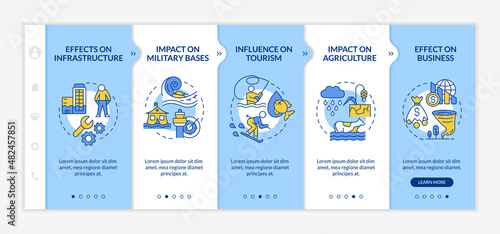 Effects of climate change on the economy blue and white onboarding template. Responsive mobile website with linear concept icons. Web page walkthrough 5 step screens. Lato-Bold, Regular fonts used