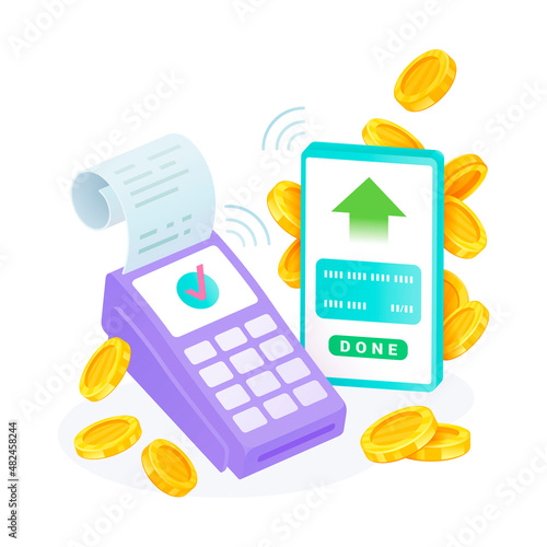 NFC successful payment with POS terminal, paper receipt and smartphone surrounded by golden coins