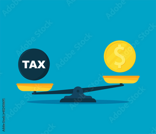 Scales balancing with money and TAX . Vector flat style illustration.