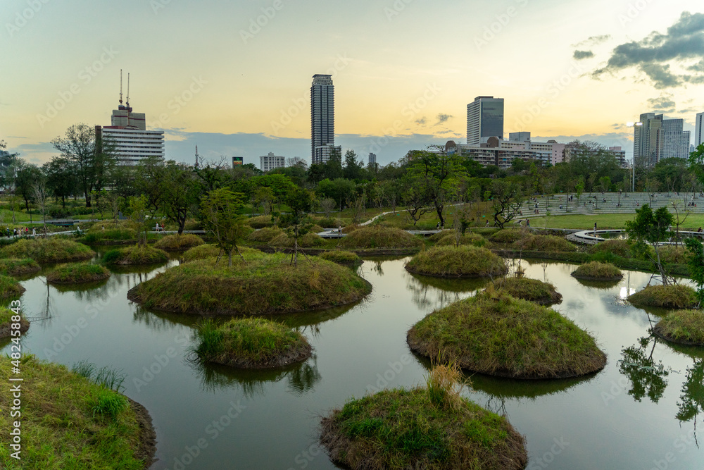 floating hill scene against metro background