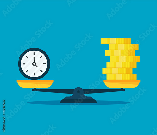 Scales balancing with money and watches. Vector flat style illustration.