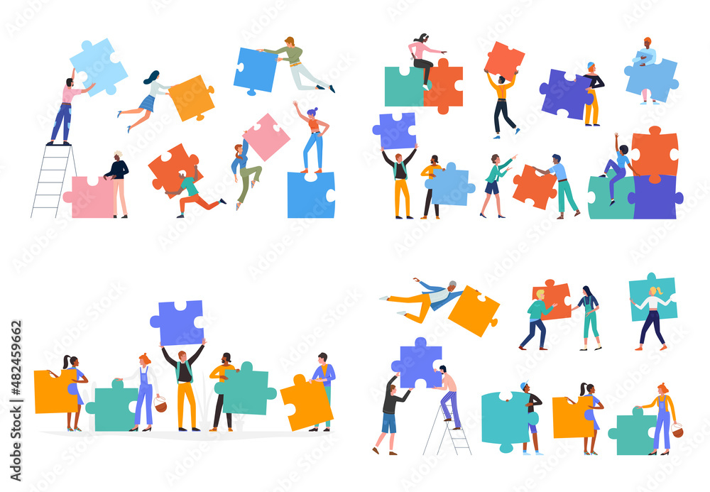 People holding puzzle jigsaw to connect parts set vector illustration. Cartoon team of man woman partner characters building collaboration, connecting pieces of jigsaw. Partnership, teamwork concept