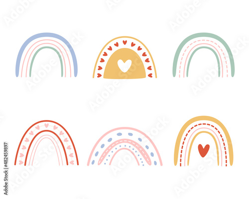 A cute set of children rainbows in pink and orange. Valentine day illustration collection