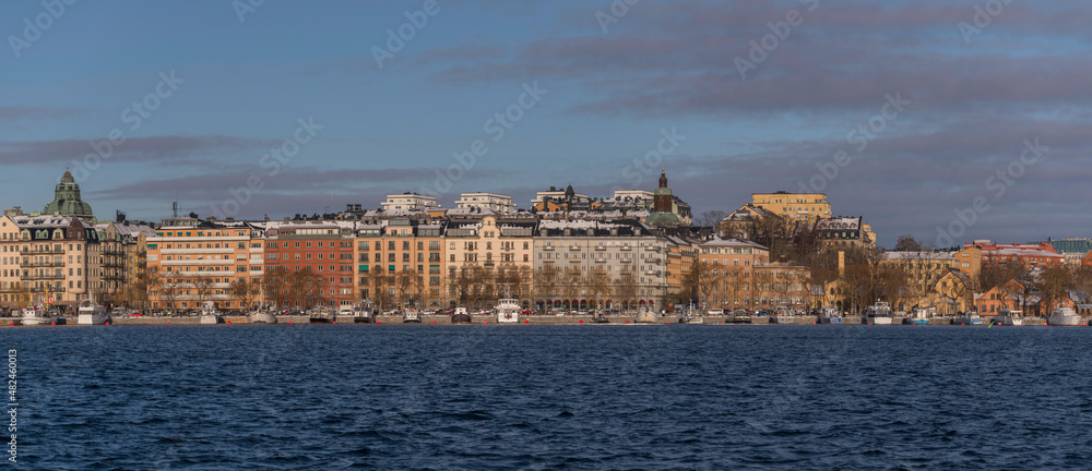 Panorama view over the island Kungsholmen and the blocks on the hill Kungsklippan a sunny and snowy winter day in Stockholm