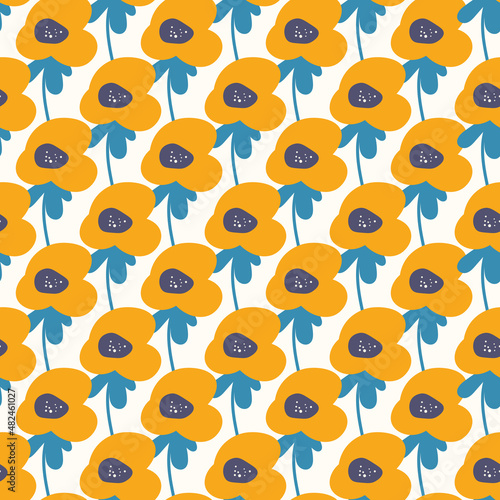 Seamless floral pattern based on traditional folk art ornaments. Colorful flowers on light background. Scandinavian style. Sweden nordic style. Vector illustration. Simple minimalistic pattern