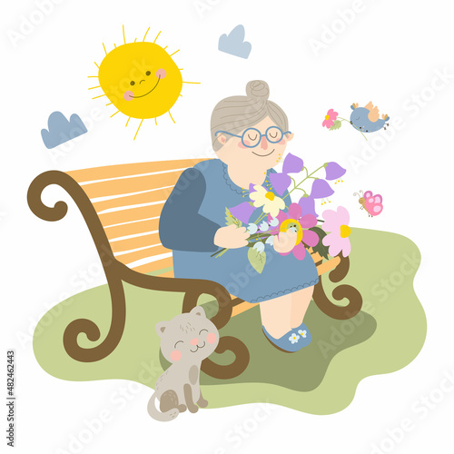A grandmother sits on a bench. Grandma is holding a bouquet of spring flowers. Near the old woman sits a cat. Vector illustration on white background in cartoon style. For print, web design.
