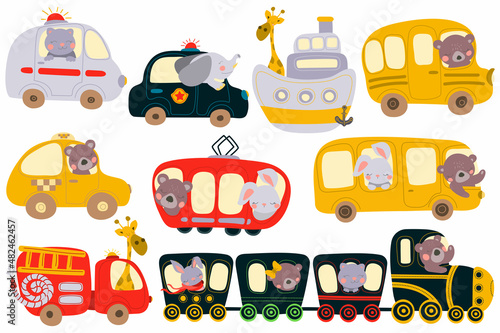 Vector set of animals driving in transport. Train, police car, cab, bus, fire truck, school bus in cartoon style.  For print, web design.