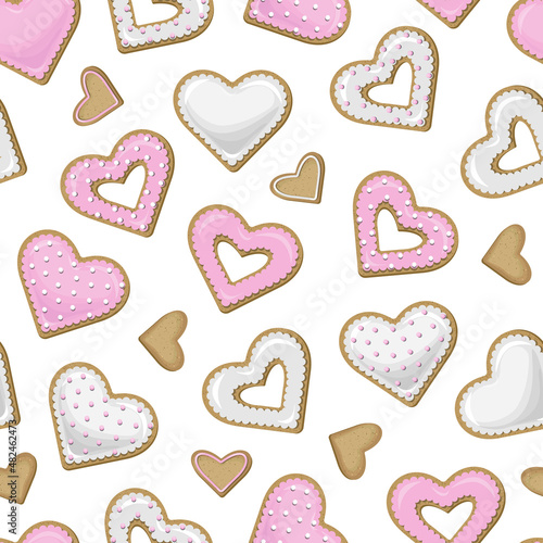 Vector seamless pattern of different cookies in the form of hearts covered with pink and white glaze.