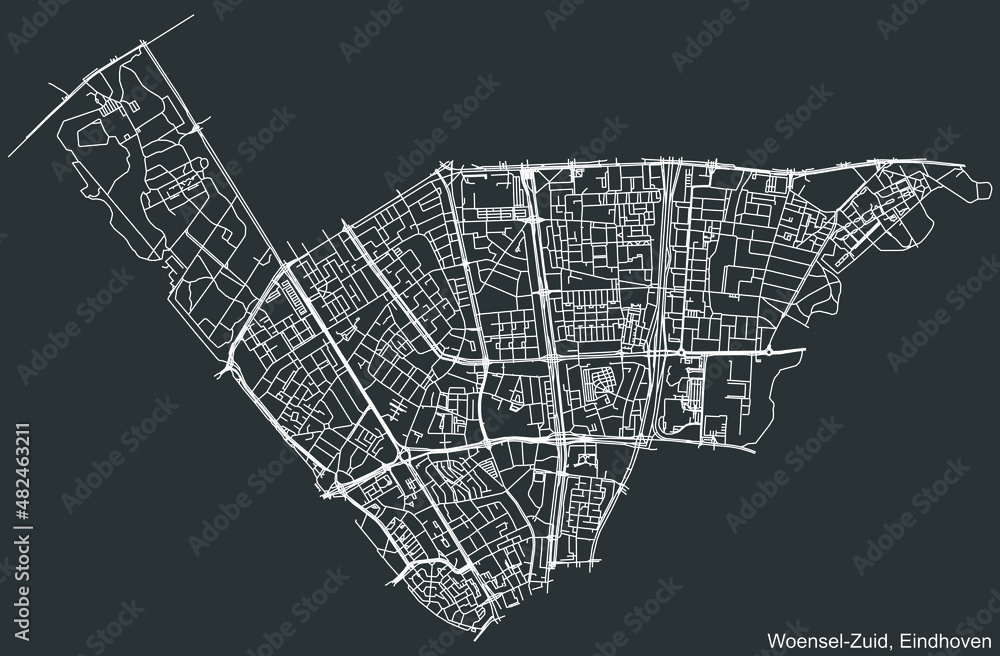 Obraz premium Detailed negative navigation white lines urban street roads map of the WOENSEL-ZUID DISTRICT of the Dutch regional capital city Eindhoven, Netherlands on dark gray background