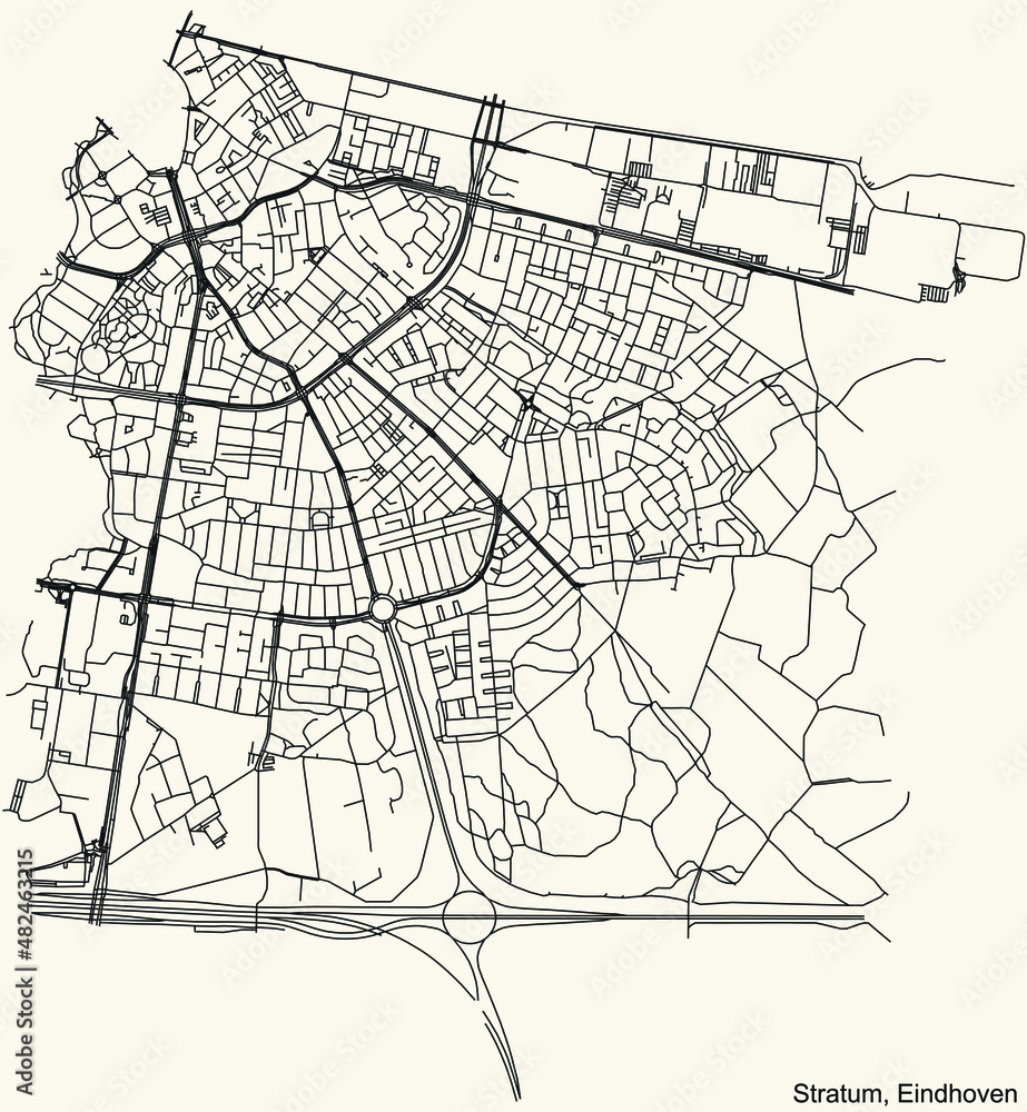 Detailed navigation black lines urban street roads map  of the STRATUM DISTRICT of the Dutch regional capital city Eindhoven, Netherlands on vintage beige background