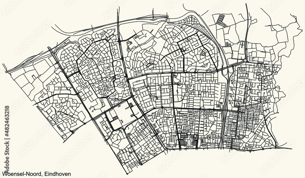 Obraz premium Detailed navigation black lines urban street roads map of the WOENSEL-NOORD DISTRICT of the Dutch regional capital city Eindhoven, Netherlands on vintage beige background
