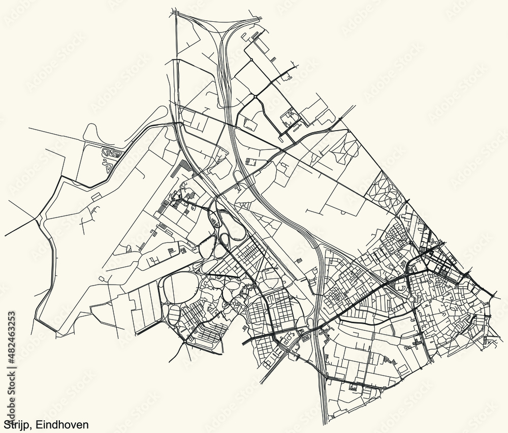 Detailed navigation black lines urban street roads map  of the STRIJP DISTRICT of the Dutch regional capital city Eindhoven, Netherlands on vintage beige background