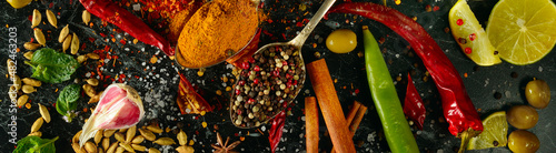 Spices and aromatic herbs on a dark table. Wide photo