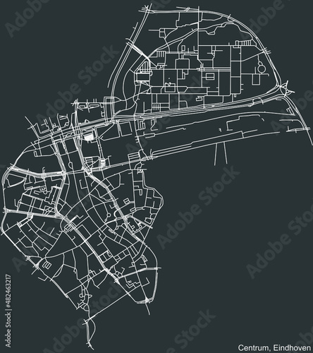 Detailed negative navigation white lines urban street roads map of the CENTRUM DISTRICT of the Dutch regional capital city Eindhoven, Netherlands on dark gray background
