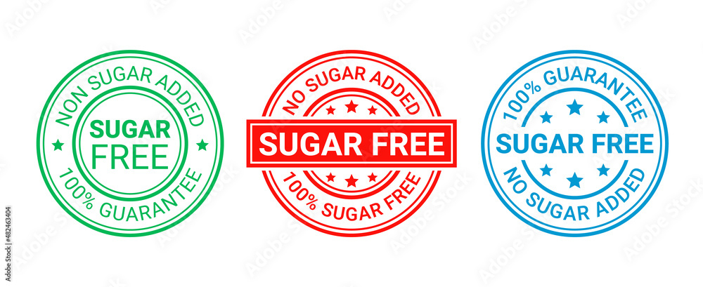 Sugar free stamps. No sugar added badges. Certified stickers. Diabetic round icons. Emblems for packaging. Set of seal imprints isolated on white background. Label for food. Vector illustration