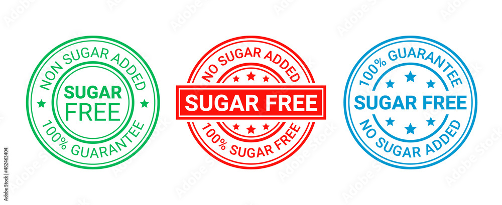 Obraz premium Sugar free stamps. No sugar added badges. Certified stickers. Diabetic round icons. Emblems for packaging. Set of seal imprints isolated on white background. Label for food. Vector illustration