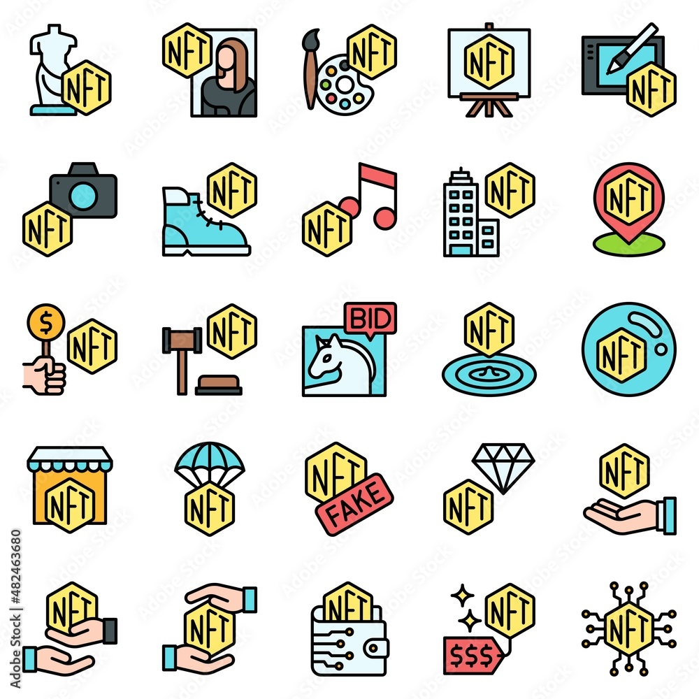 NFT related filled icon set, vector illustration