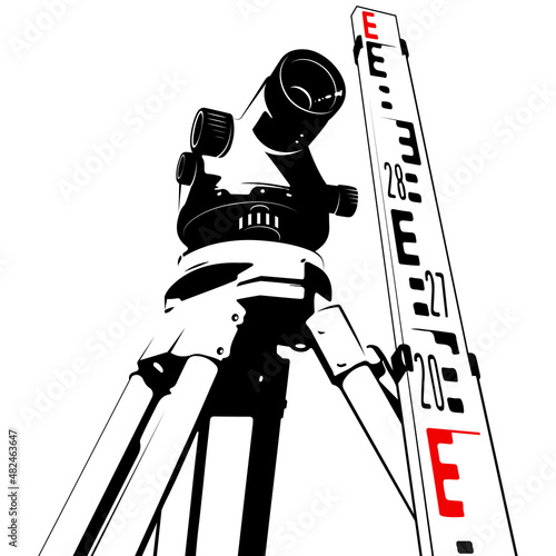 Equipment level theodolite on tripod. Geodetic measuring equipment. Construction measuring tool